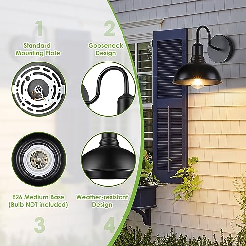 Black 2 Pack Outdoor Wall Sconce, 2 Pack Exterior Waterproof Farmhouse Gooseneck Barn Light Fixture, Black Garage Wall Lantern, Anti-Rust Front Porch Lamp